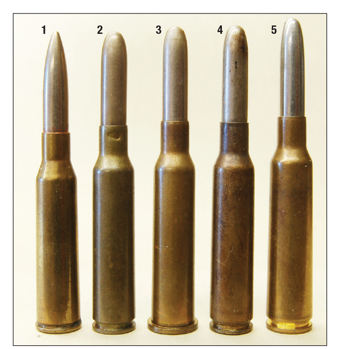 Contemporary 6.5mm military rounds include: (1) 6.5x50mm Japanese, (2) 6.5x52mm Carcano, (3) 6.5x53mmR Dutch and Romanian, (4) 6.5x54mm M-S and (5) 6.5x55mm Swedish.